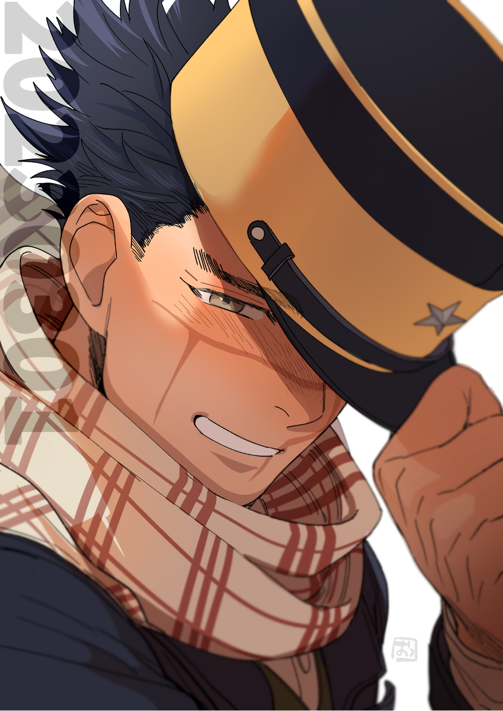 1boy birthday blush facial_scar golden_kamuy half-closed_eyes hat hat_over_one_eye highres holding holding_unworn_clothes holding_unworn_hat kzouzou looking_at_viewer male_focus portrait scar scar_on_cheek scar_on_face scar_on_nose short_hair smile solo spiked_hair sugimoto_saichi unworn_hat unworn_headwear