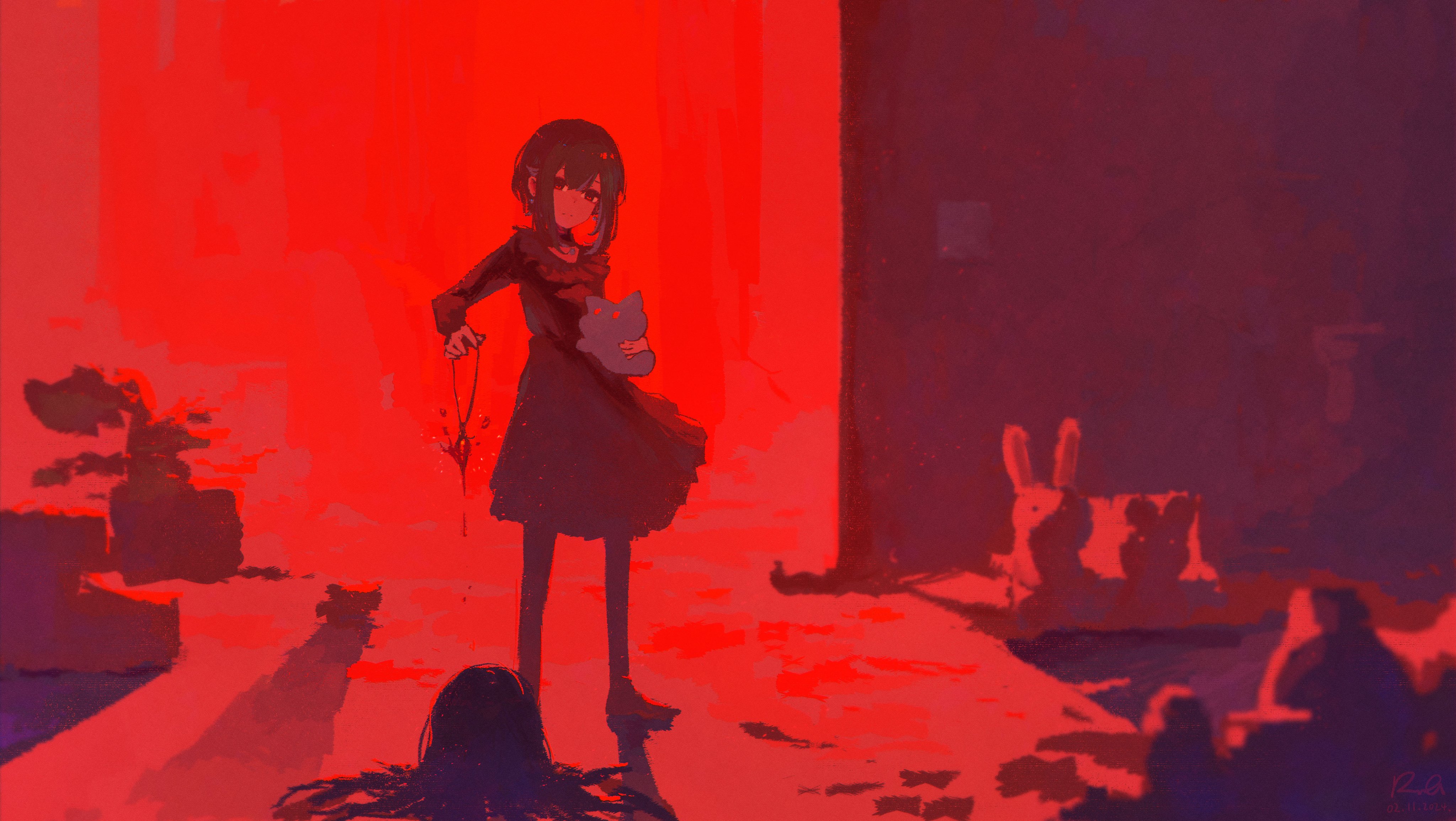 1girl absurdres ayn_(rnna) black_dress commentary creature dress english_commentary full_body green_hair highres holding holding_creature holding_jewelry holding_necklace jewelry necklace original red_eyes rnna severed_head short_hair sidelocks slime_(creature) stuffed_toy