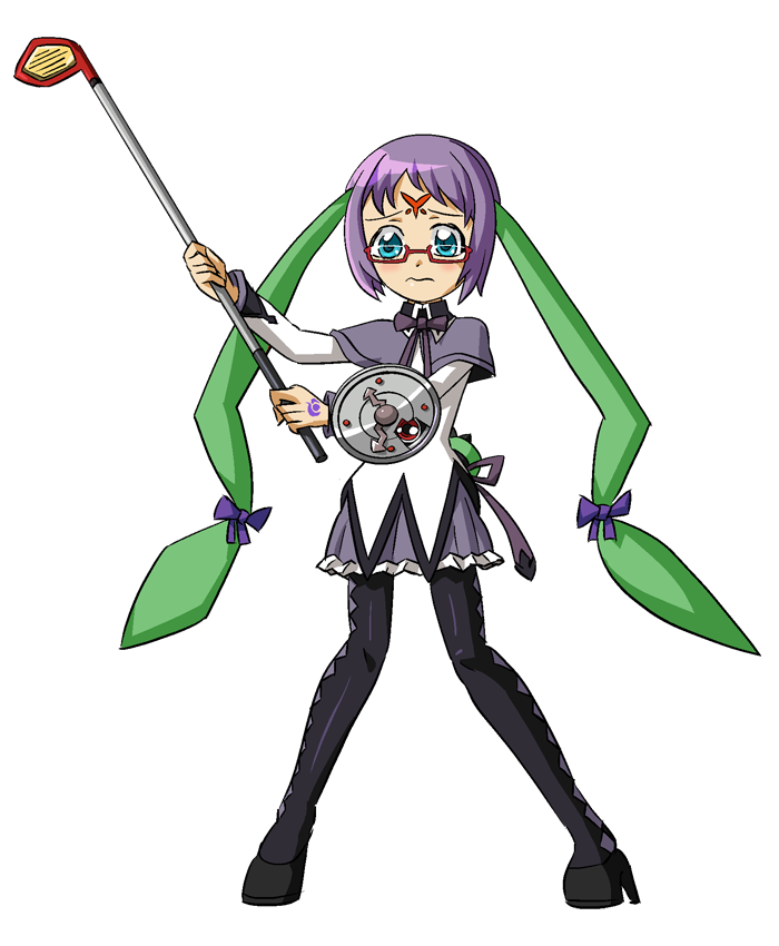 1girl clockmon digimon dress embarrassed female_focus glasses ribbon solo wormmon