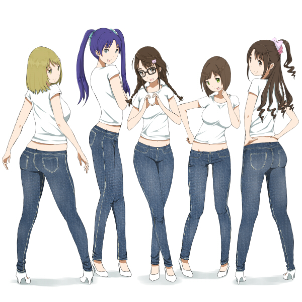 5girls ass butt_crack denim egaumakunarerukana jeans looking_at_viewer looking_back multiple_girls pants shoes smile tagme
