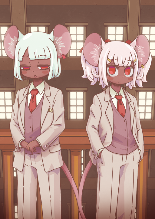 2girls animal_ear_piercing animal_ears blue_hair blunt_bangs blush_stickers bob_cut bow brown_background brown_jacket brown_pants brown_suit buttons closed_mouth collared_shirt daikokuten_(fate) daikokuten_(second_ascension)_(fate) dark-skinned_female dark_skin dress_pants dress_shirt expressionless fate/grand_order fate_(series) feet_out_of_frame formal_clothes game_cg hair_bow hair_ornament hairclip half-closed_eyes hands_in_pockets jacket lapels layered_sleeves long_sleeves looking_at_viewer mouse_ears mouse_girl mouse_tail multiple_girls necktie notched_lapels official_art open_clothes open_jacket own_hands_together pants parted_bangs parted_lips pink_hair pink_vest red_bow red_eyes red_necktie riyo_(lyomsnpmp) shirt short_hair short_twintails sidelocks standing suit suit_jacket tail third-party_source twintails variant_set very_dark_skin vest waistcoat white_shirt window wing_collar