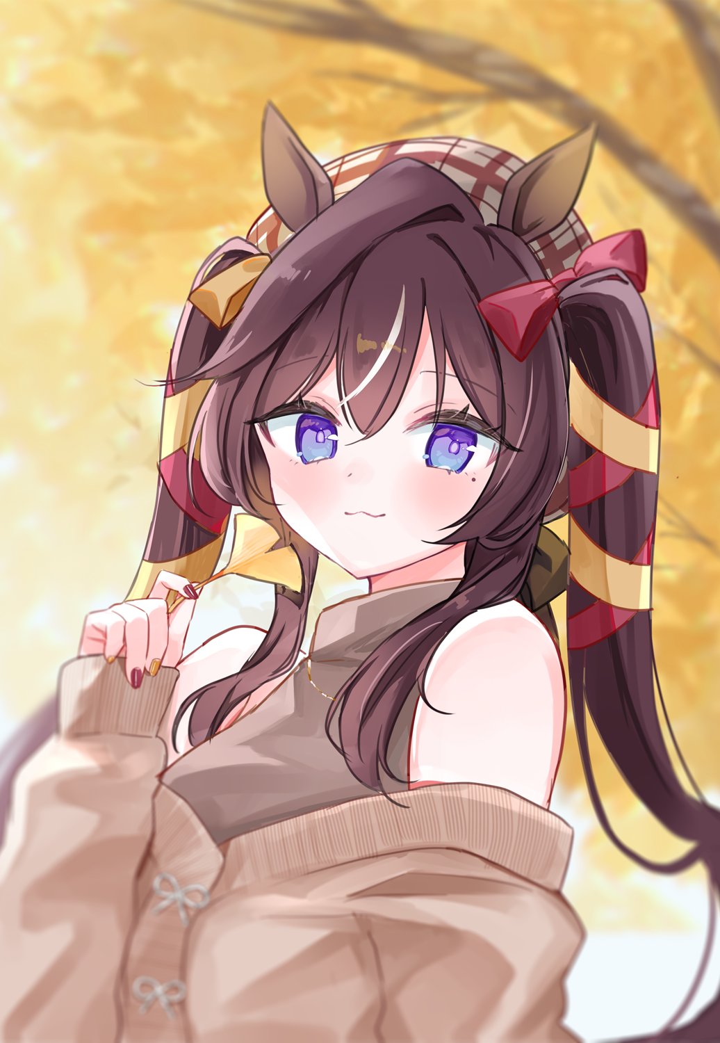 1girl :3 animal_ears autumn_leaves bare_shoulders blue_eyes blurry blurry_background blush bow branch brown_bow brown_hair brown_jacket brown_nails brown_shirt commentary_request depth_of_field ginkgo_leaf ginkgo_tree hair_between_eyes hair_bow hair_ribbon hand_up highres holding holding_leaf horse_ears jacket leaf long_hair long_sleeves looking_at_viewer moko_(mokochisa) mole mole_under_eye multicolored_nails nail_polish off-shoulder_jacket off_shoulder puffy_long_sleeves puffy_sleeves purple_eyes red_bow red_nails red_ribbon ribbon shirt sleeveless sleeveless_shirt sleeves_past_wrists solo twintails umamusume upper_body very_long_hair vivlos_(umamusume) yellow_ribbon