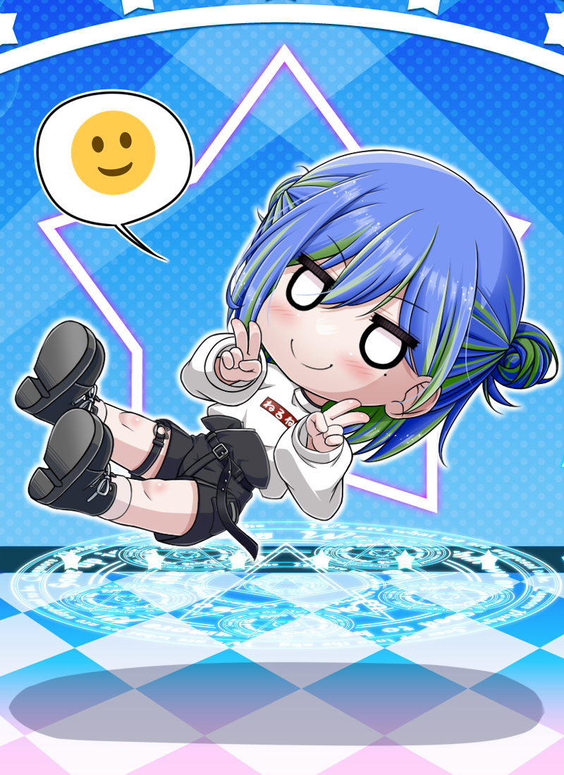1girl belt black_belt black_shoes black_shorts blank_eyes blue_hair blush closed_mouth clothes_writing commentary_request double_bun double_v floating full_body green_hair hair_between_eyes hair_bun long_sleeves looking_at_viewer miso_panda mole mole_under_eye multicolored_hair nanashi_inc. shirt shoes short_hair shorts smile socks solo split_mouth streaked_hair suzumi_nemo suzumi_nemo_(2nd_costume) two-tone_hair v virtual_youtuber white_shirt white_socks