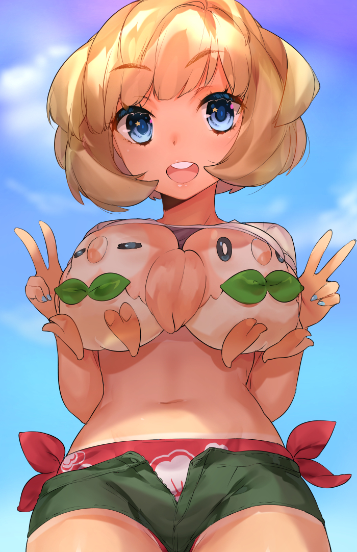 10s 1girl :d alternate_color bikini bikini_bottom_only blonde_hair blue_eyes blue_nails blush breast_padding clothes_lift day double_v eyebrows flat_chest gen_7_pokemon looking_at_viewer nail_polish naso4 navel nintendo open_mouth outdoors pokemon pokemon_(creature) pokemon_sm round_teeth rowlet selene_(pokemon) shirt_lift short_hair short_shorts shorts side-tie_bikini_bottom smile swimsuit swimsuit_under_clothes tan tanline teeth unzipped v