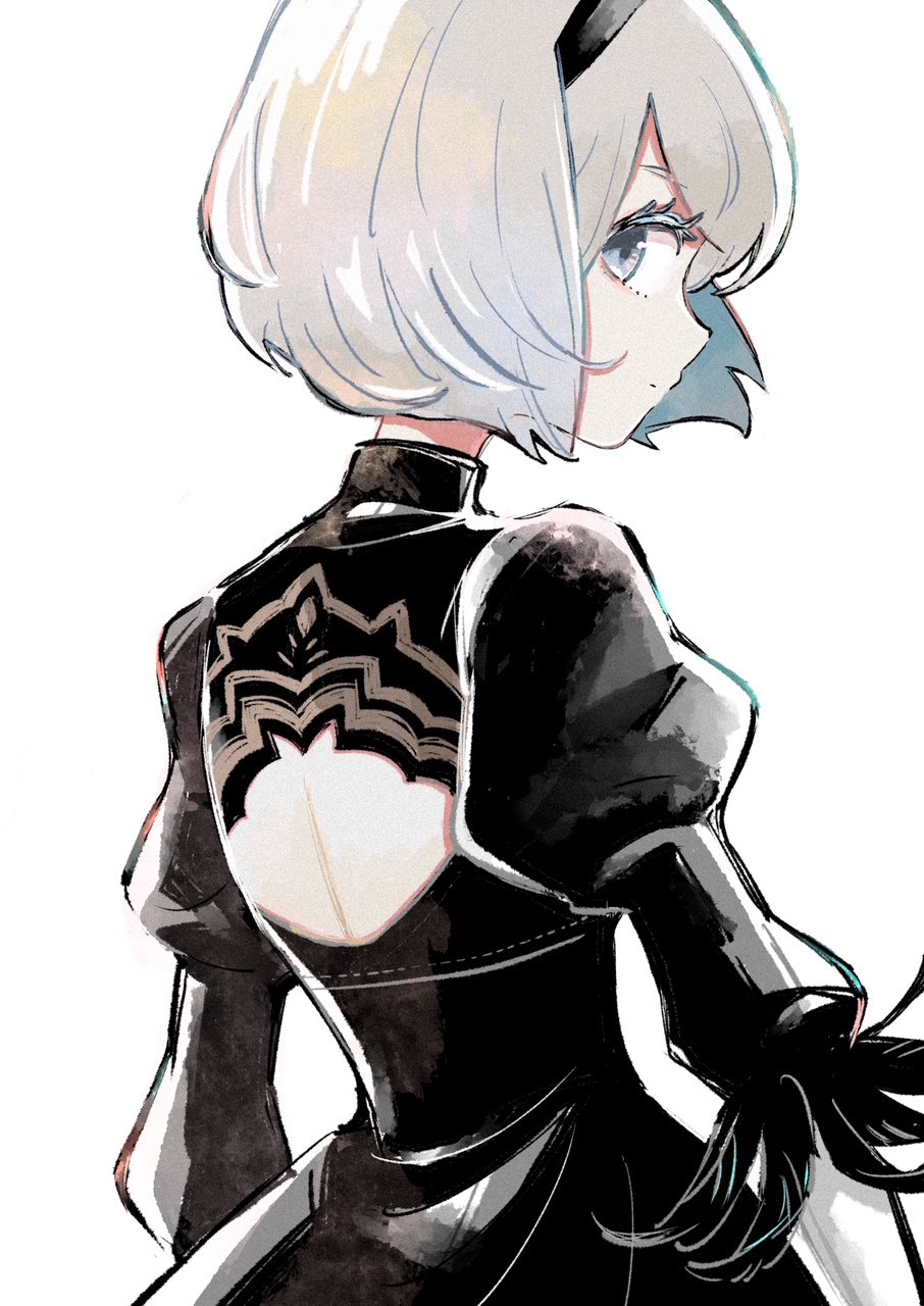 1girl 2b_(nier:automata) back_cutout black_dress black_hairband closed_mouth clothing_cutout dress eyelashes grey_eyes grey_hair hairband highres looking_at_viewer looking_back nier:automata nier_(series) nmiznm short_hair simple_background solo upper_body white_background