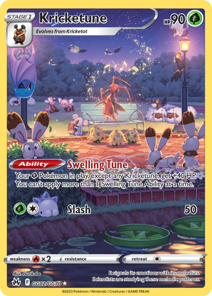 :&gt; artist_name beamed_eighth_notes beamed_sixteenth_notes bench brick_road buck_teeth bunnelby card_(medium) character_name closed_eyes closed_mouth company_name copyright_name copyright_notice eighth_note emolga english_text fangs flower flower_bed flying from_behind gen_1_pokemon gen_3_pokemon gen_4_pokemon gen_5_pokemon gen_6_pokemon gen_7_pokemon gen_8_pokemon golbat grass holding komala kricketune lamppost lily_pad log lotad lying music musical_note night night_sky nintendo no_humans nurikabe_(mictlan-tecuhtli) official_art on_bench on_head open_mouth outdoors park park_bench partially_submerged pokemon pokemon_(creature) pokemon_card pokemon_focus pokemon_on_head pokemon_tcg shooting_star sixteenth_note sky sleeping smile snom sparkle star_(sky) stufful teeth third-party_source trading_card upside-down water white_flower wooloo