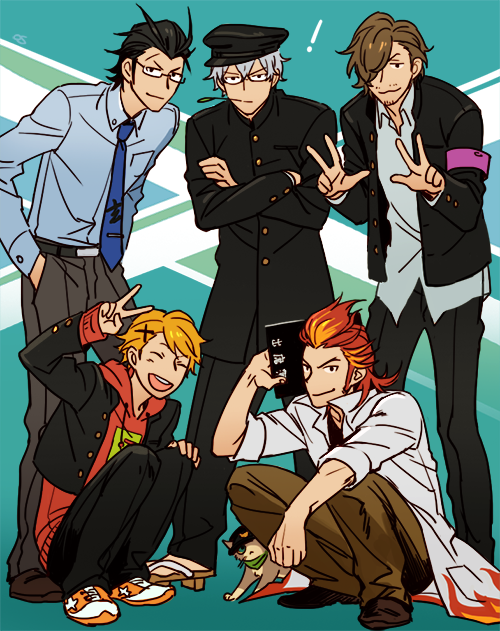 5boys akai_suzaku black_hair blonde_hair brown_hair cat double_v gakuran glasses hair_ornament hairclip hazama_michio idolmaster idolmaster_side-m iwa_(iwa000ima) kurono_genbu maita_rui male_focus multiple_boys necktie nyako_(idolmaster) official_alternate_costume red_hair role_reversal s.e.m_(idolmaster) scar school_uniform squatting teacher_and_student v yamashita_jiro