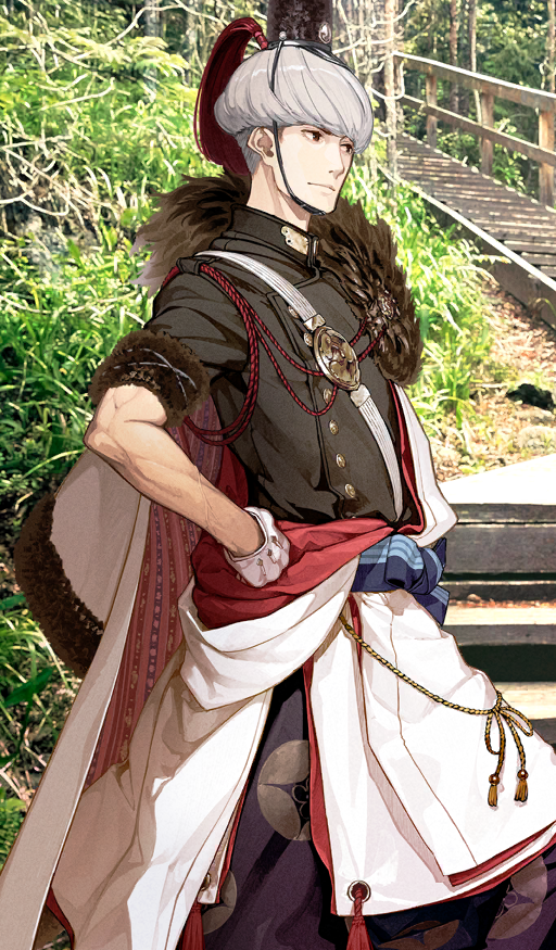 1boy belt black_eyes black_hat black_jacket black_pants blue_sash bowl_cut buttons cape chin_strap closed_mouth commentary day fate/grand_order fate_(series) feet_out_of_frame fur-trimmed_cape fur-trimmed_jacket fur_trim gloves grey_hair hadanugi_dousa hand_on_own_hip hat headwear_request hidari_(left_side) high_collar jacket japanese_clothes kimono male_focus mini_hat nature obi official_art open_kimono outdoors pants photo_background puffy_pants sash short_hair short_sleeves shoulder_belt side_cape solo stairs standing sunlight third-party_source toned toned_male undercut watanabe_no_tsuna_(fate) white_belt white_cape white_gloves white_kimono