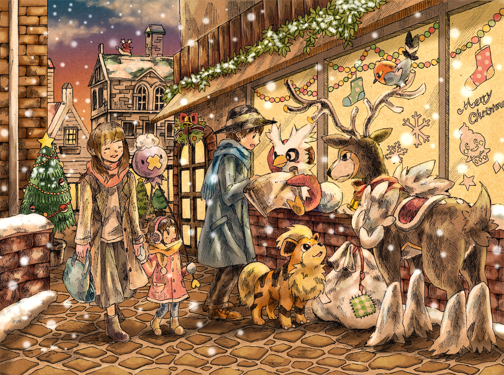 3girls :d ^_^ awning bag balloon bell black_coat black_hat black_skirt blue_pants blue_scarf boots brick_wall brown_footwear brown_hair building character_print christmas christmas_ornaments christmas_tree closed_eyes coat delibird door drifloon earmuffs english_text fletchling gen_1_pokemon gen_2_pokemon gen_4_pokemon gen_5_pokemon gen_6_pokemon gloves growlithe hat holding holding_bag holding_hands jingle_bell long_hair looking_at_another matsuri_(matsuike) merry_christmas mittens multiple_girls nintendo open_clothes open_coat open_mouth pants pink_coat pink_gloves pink_scarf pokemon pokemon_(creature) profile sawsbuck sawsbuck_(winter) scarf scroll short_hair sitting skirt smile snow snowing standing storefront vanillite walking wreath yellow_scarf