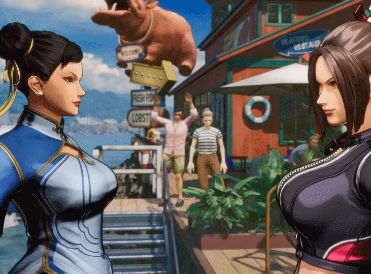 2girls 3d akiman_pose animated animated_gif black_boots black_jacket black_pants blue_dress boots breast_press breasts capcom china_dress chinese_clothes chun-li cropped_jacket dress faceoff fatal_fury fatal_fury:_city_of_the_wolves game_screenshot jacket large_breasts leather leather_jacket leather_pants multiple_girls pants shiranui_mai snk street_fighter street_fighter_6 symmetrical_docking thick_thighs thighs trait_connection video_game_screencap