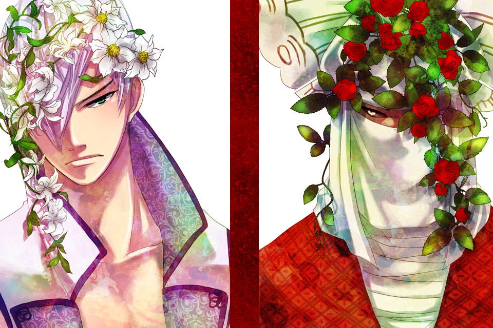 2boys black_sclera colored_sclera covered_mouth flower frown green_eyes hair_over_one_eye head_wreath ishida_mitsunari_(sengoku_basara) looking_at_another looking_at_viewer male_focus mouth_veil multiple_boys nyorori one_eye_covered ootani_yoshitsugu_(sengoku_basara) red_flower red_rose rose sengoku_basara short_hair split_screen veil white_background white_eyes white_flower white_hair