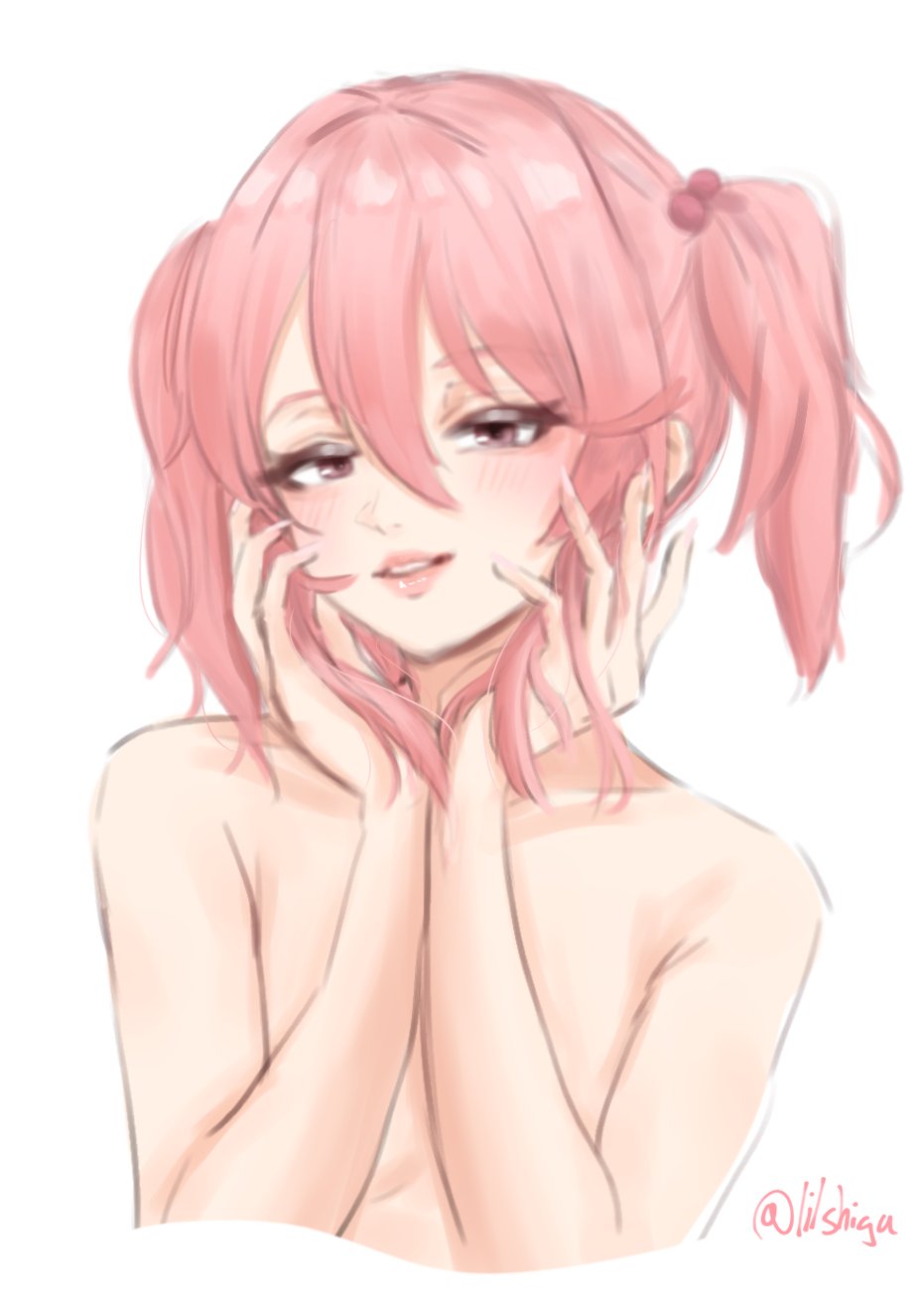 1girl breasts hair_bobbles hair_ornament hands_on_own_face highres kantai_collection lilshigu lips looking_at_viewer medium_breasts nude one-hour_drawing_challenge pink_eyes pink_hair sazanami_(kancolle) small_breasts solo twitter_username upper_body