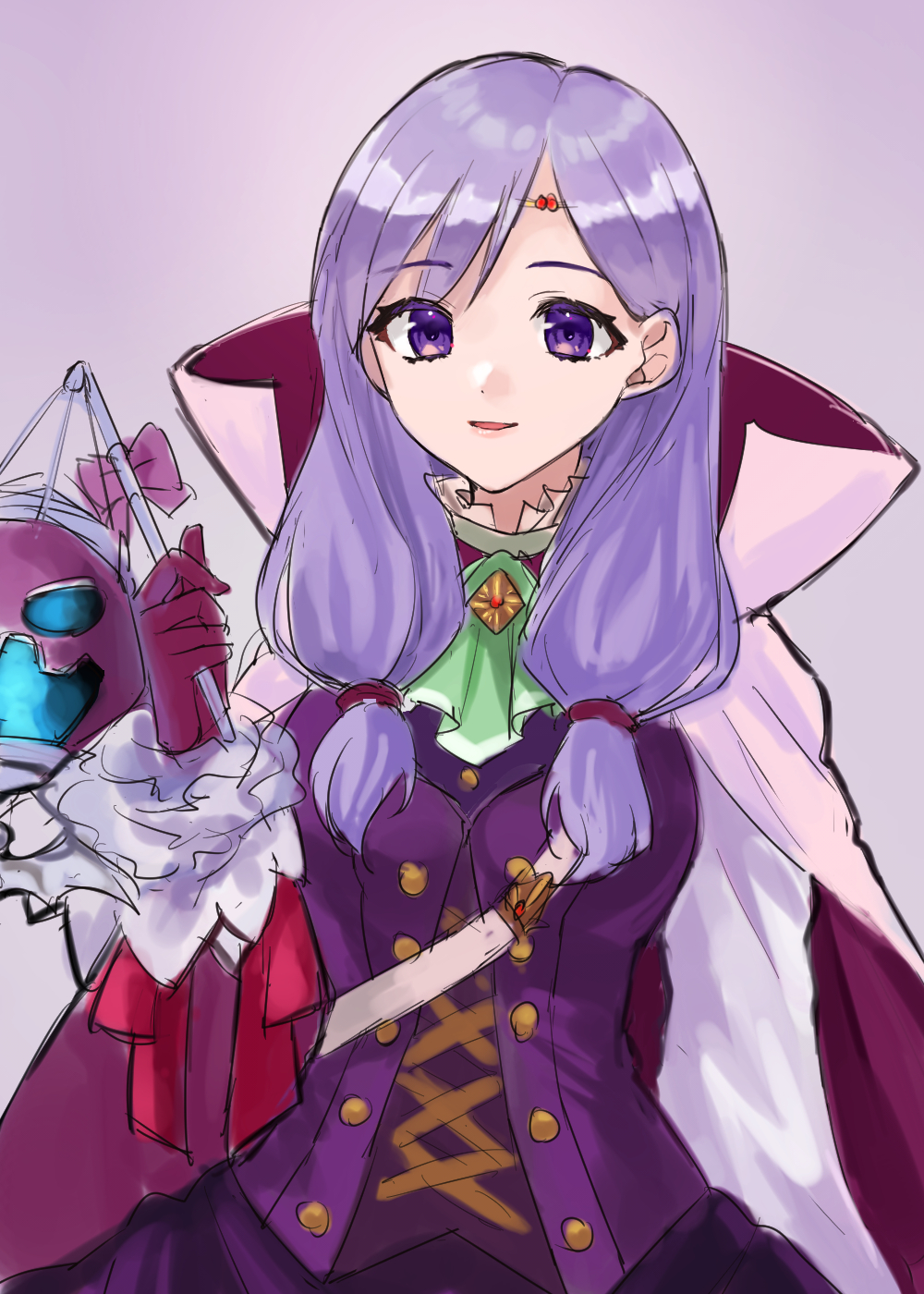 1girl ascot cape fire_emblem fire_emblem:_path_of_radiance fire_emblem_heroes gloves halloween_costume hazuki_(nyorosuke) highres ilyana_(fire_emblem) ilyana_(halloween)_(fire_emblem) jack-o&#039;-lantern long_hair long_sleeves looking_at_viewer nintendo official_alternate_costume parted_lips purple_eyes purple_hair red_gloves simple_background sketch smile solo