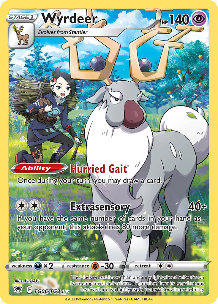 1girl antlers artist_name black_hair blue_sky card_(medium) character_name cloud company_name copyright_name copyright_notice day diamond_clan_outfit english_text flower gen_2_pokemon grass hair_ornament holding holding_stick horns kirisaki_(gin16k) mai_(pokemon) nintendo official_art open_mouth outdoors pokemon pokemon_(creature) pokemon_card pokemon_legends:_arceus pokemon_tcg pouch short_hair sky smile stantler stick third-party_source trading_card tree wyrdeer