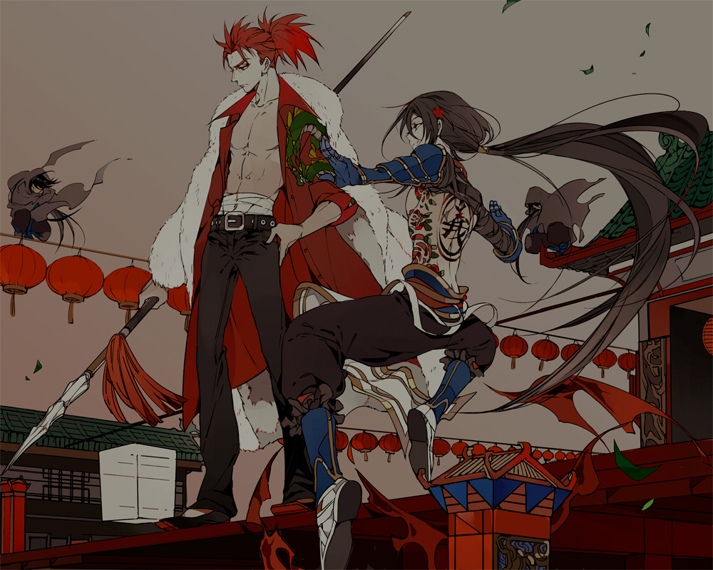 2boys armor bare_pectorals belt black_hair buckle building chest_tattoo chinese_lantern coat fate/grand_order fate_(series) flower fur_coat gauntlets hair_flower hair_ornament hand_on_own_hip holding holding_polearm holding_spear holding_weapon jacket li_shuwen_(fate) li_shuwen_(fate/grand_order) li_shuwen_(young)_(fate) li_shuwen_(young)_(third_ascension)_(fate) long_hair looking_away male_focus multiple_boys pauldrons pectorals polearm ponytail red_hair shoulder_armor smile spear standing suou_(sdurorhr) tattoo topless_male weapon yan_qing_(fate)
