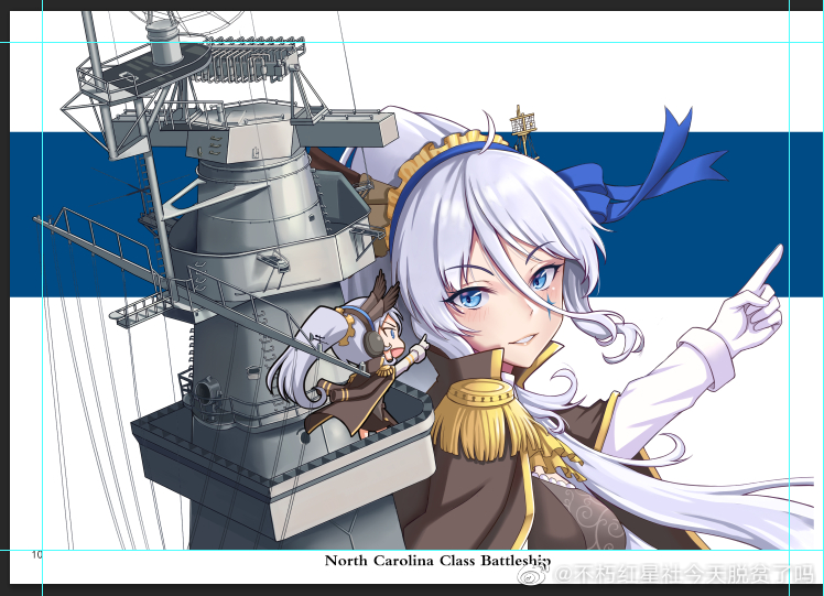 1girl blue_eyes buxiuhongxingshe_jintiantuopinlema cape english_text epaulettes facial_tattoo gloves high_ponytail long_hair looking_at_viewer machinery military military_uniform military_vehicle mini_person minigirl pointing ponytail ribbon rigging ship ship_turret smile solo tattoo warship warship_girls_r washington_(warship_girls_r) watercraft watermark weibo_watermark white_gloves white_hair