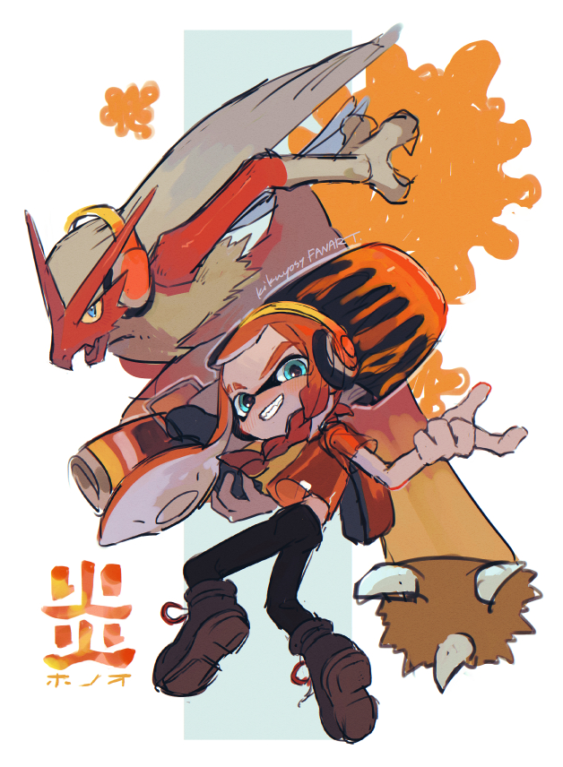 1girl asymmetrical_hair black_pants blaziken blue_eyes boots braid brown_footwear clothed_pokemon company_connection crossover eyebrow_cut fangs full_body gen_3_pokemon grin headphones inkling inkling_girl inkling_player_character kikuyoshi_(tracco) long_hair nintendo orange_hair orange_shirt pants pokemon pokemon_(creature) range_blaster_(splatoon) shirt short_sleeves smile splatoon_(series) splatoon_3 t-shirt teeth