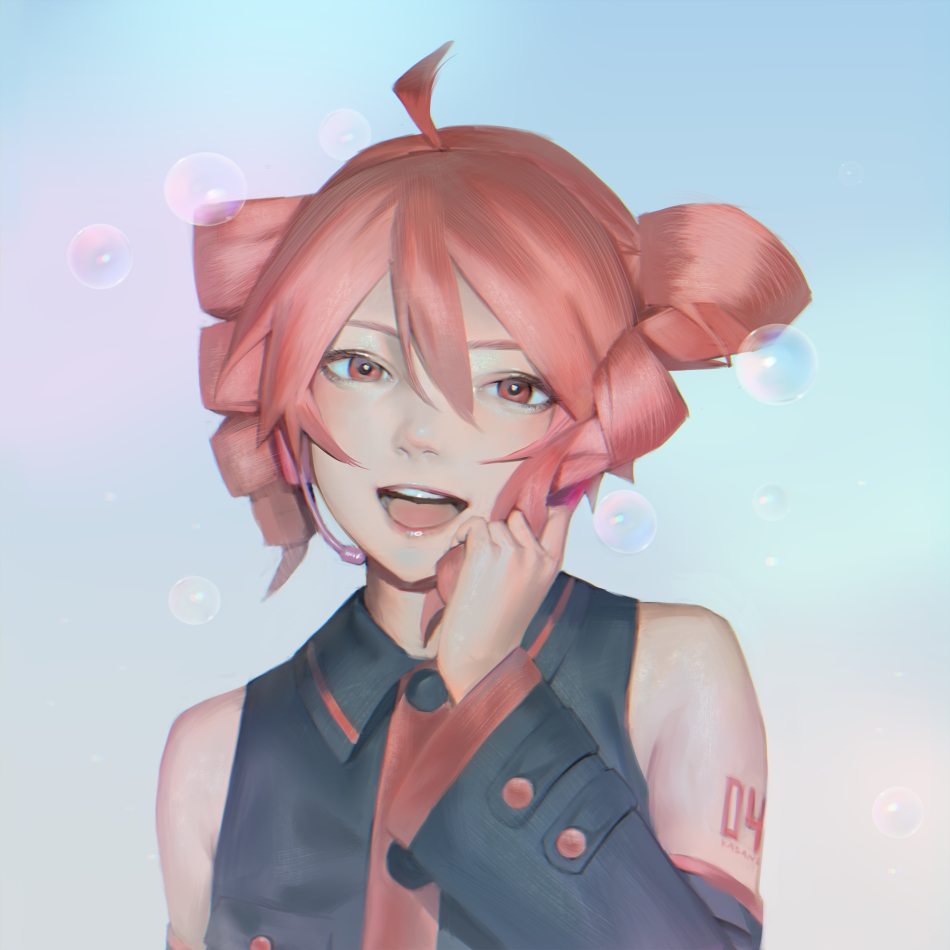 1girl ahoge bare_shoulders black_shirt blue_background detached_sleeves drill_hair gradient_background hair_between_eyes hand_up headset kasane_teto kasane_teto_(utau) long_sleeves looking_at_viewer mi8pq number_tattoo open_mouth red_eyes red_hair shirt short_hair shoulder_tattoo sleeveless sleeveless_shirt smile soap_bubbles solo tattoo twin_drills twirling_hair upper_body utau