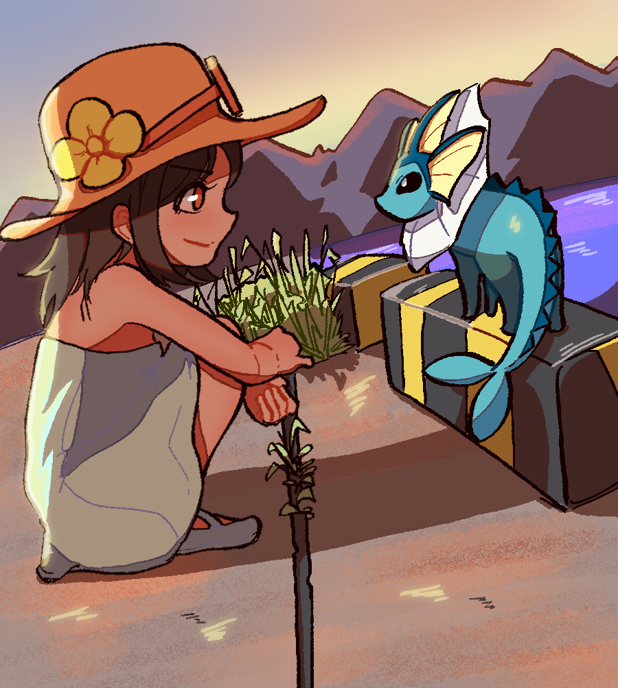 1girl 2049_(hh5566) armpits breasts brown_eyes brown_hair dress female_focus from_side full_body gen_1_pokemon happy hat knee_up long_hair matching_hair/eyes medium_breasts mountainous_horizon nintendo no_socks npc_trainer outdoors pokemon pokemon_sm profile sidelocks sightseer_(pokemon) sky smile squatting strapless strapless_dress sun_hat sundress sunglasses vaporeon
