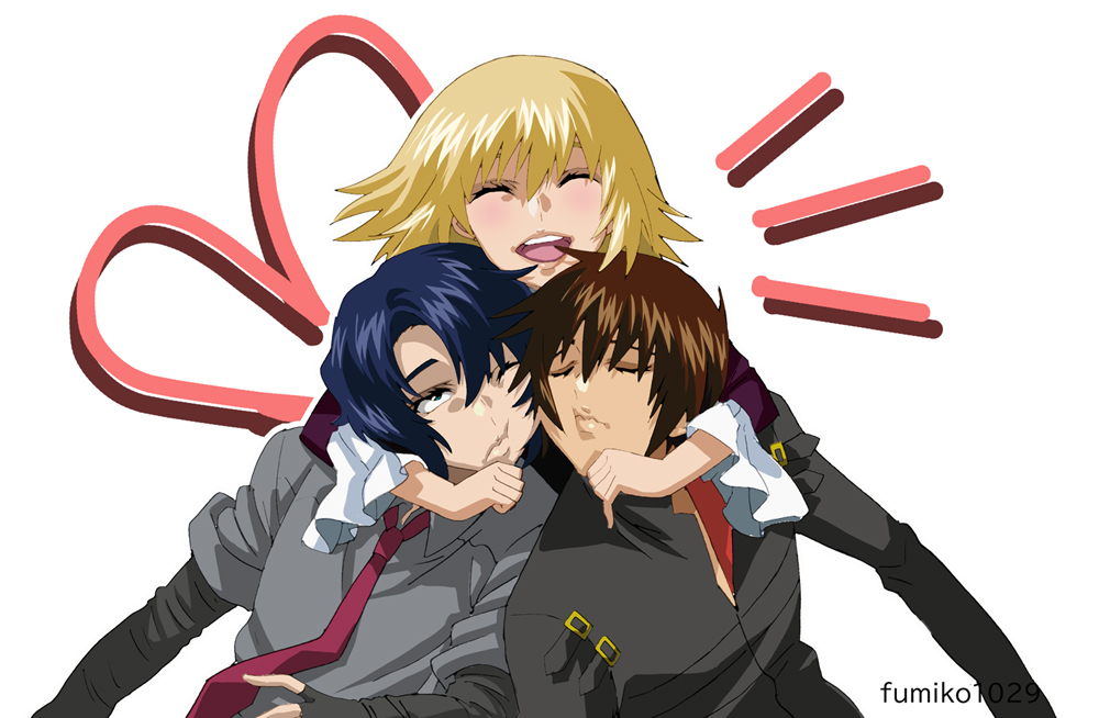 1girl 2boys artist_name athrun_zala black_shirt blonde_hair blue_hair brother_and_sister brown_hair cagalli_yula_athha closed_eyes fumiko_(mesushi) green_eyes grey_shirt group_hug gundam gundam_seed gundam_seed_freedom heart hug hug_from_behind kira_yamato multiple_boys necktie one_eye_closed red_necktie shirt short_hair siblings smile twins white_background