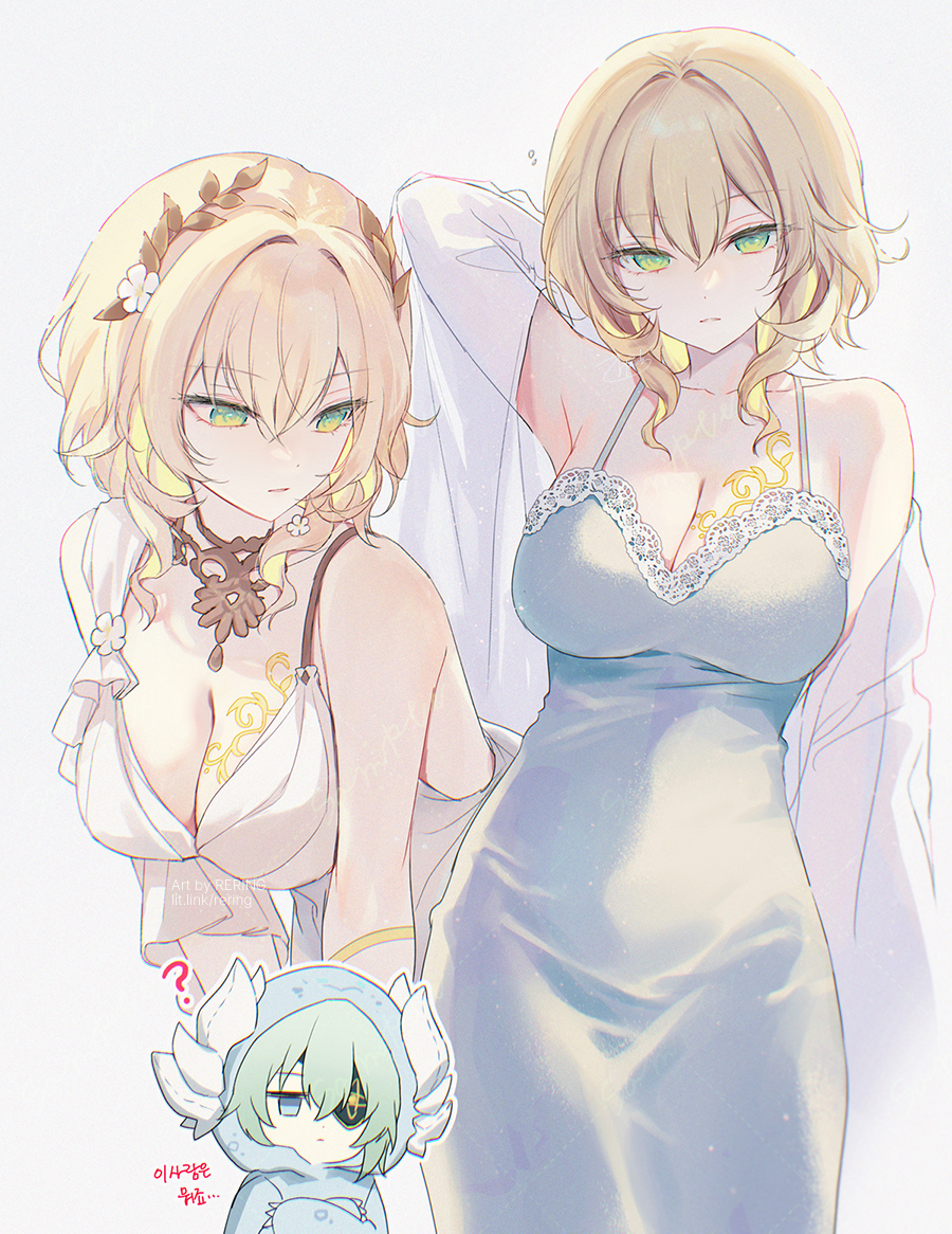 1boy 1girl aglaea_(honkai:_star_rail) anaxa_(honkai:_star_rail) arm_behind_head arm_up armpits bare_shoulders blonde_hair blue_eyes breasts chibi chibi_inset cleavage closed_mouth dress green_eyes hair_between_eyes hair_ornament honkai:_star_rail honkai_(series) korean_text large_breasts medium_hair multiple_views short_hair silltare simple_background sleeveless sleeveless_dress tattoo white_background white_dress