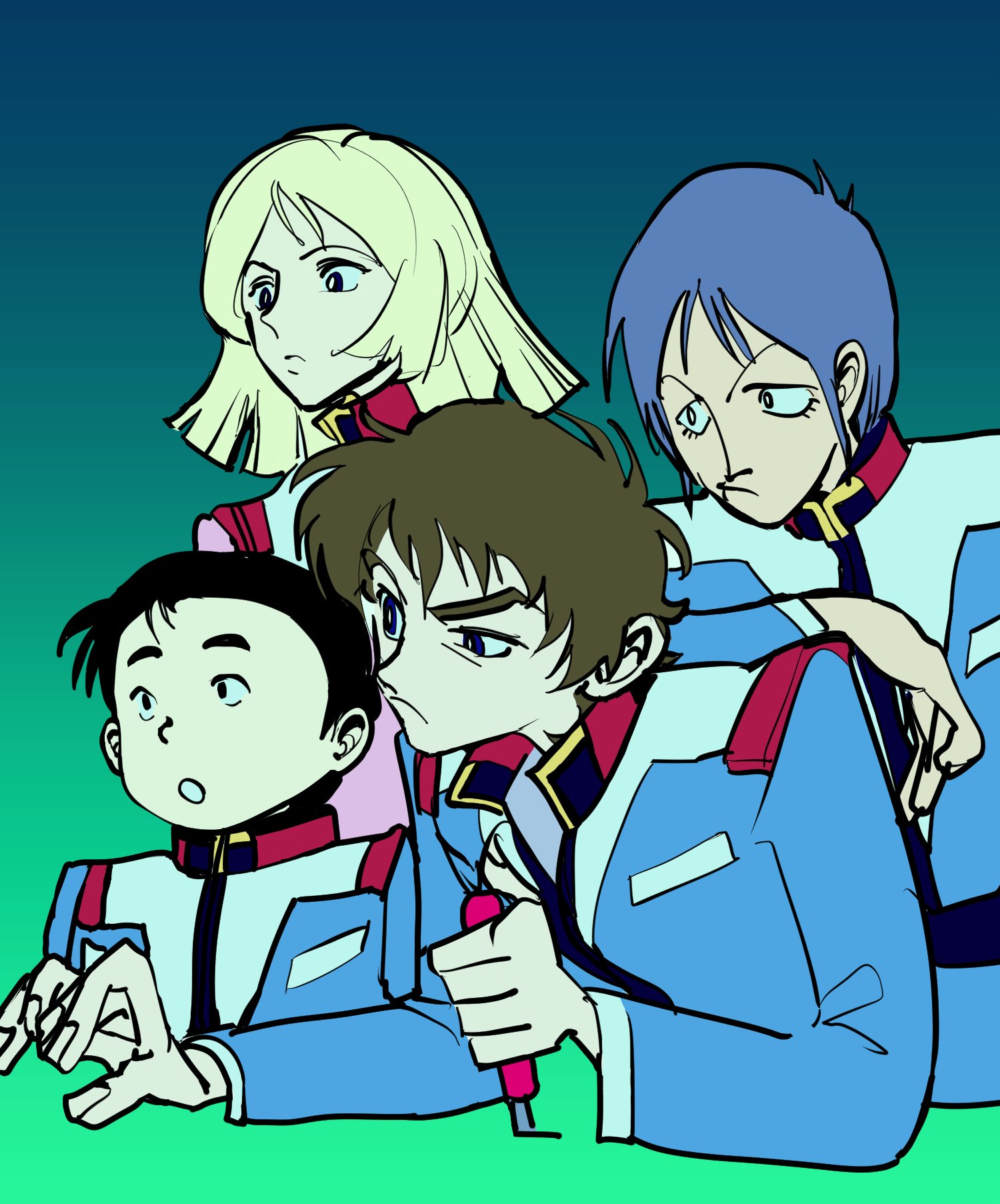 1girl 3boys :o abcontrol_zzz amuro_ray black_hair blonde_hair blue_eyes blue_jacket brown_hair earth_federation frown grey_hair gundam hayato_kobayashi highres jacket kai_shiden long_sleeves lower_eyelashes_only mobile_suit_gundam multiple_boys parted_lips pink_jacket sayla_mass short_hair