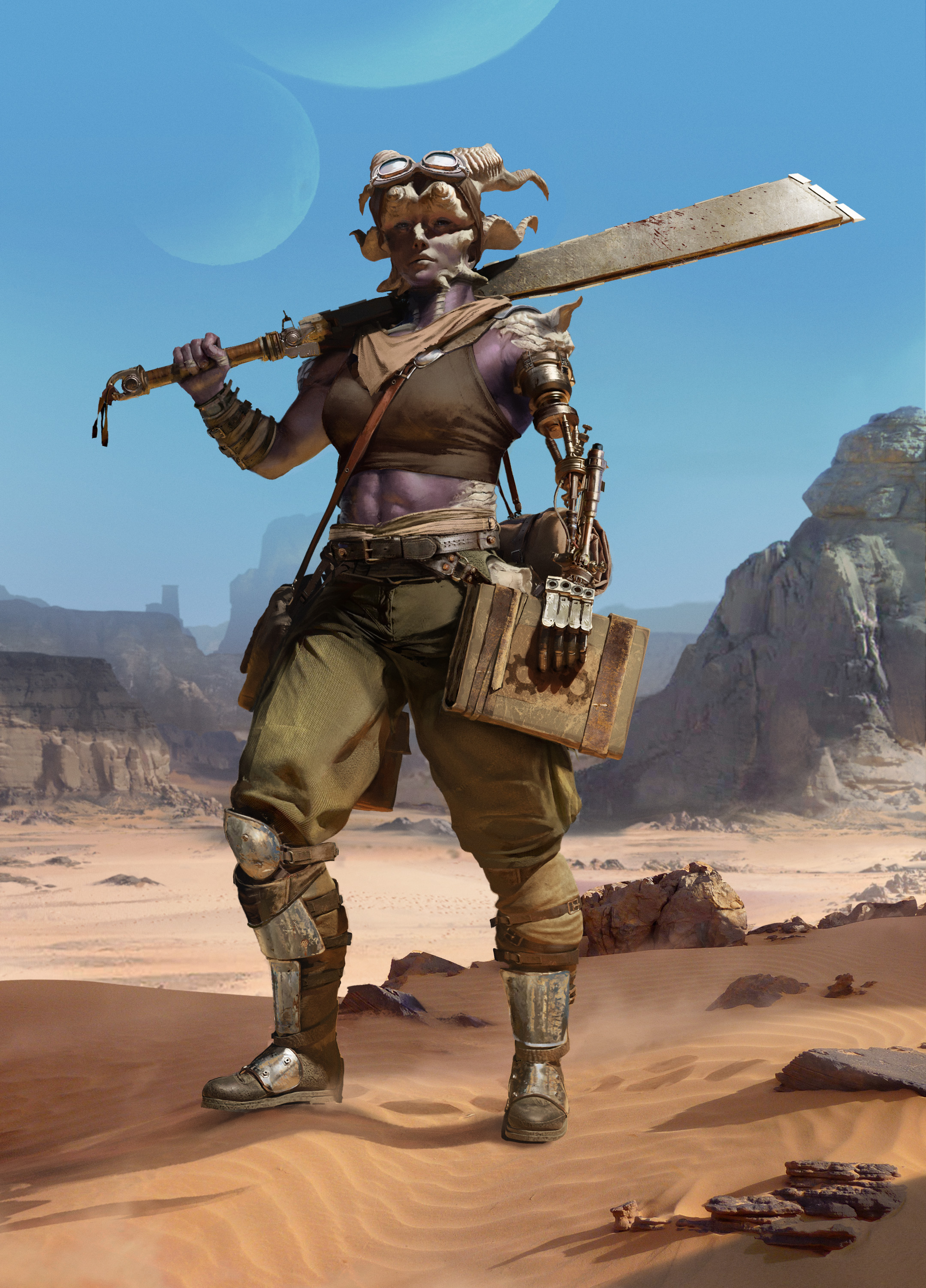 1girl abs absurdres bag belt blue_sky boots bracer cargo_pants colored_skin desert goggles goggles_on_head highres holding holding_sword holding_weapon horns huge_weapon kenshi moon mountainous_horizon multiple_moons pants prosthesis prosthetic_arm purple_skin sand satchel single_bracer sky solo sword tank_top toned weapon zaqakhani