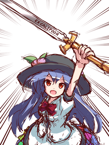1girl :d apron blouse blue_dress blue_hair dress excalibur_(mythology) female_focus final_fantasy food fruit hat hinanawi_tenshi leaf long_hair lowres open_mouth parody peach rainbow_order red_eyes ryogo shirt short_sleeves smile solo sword sword_of_hisou touhou weapon white_background