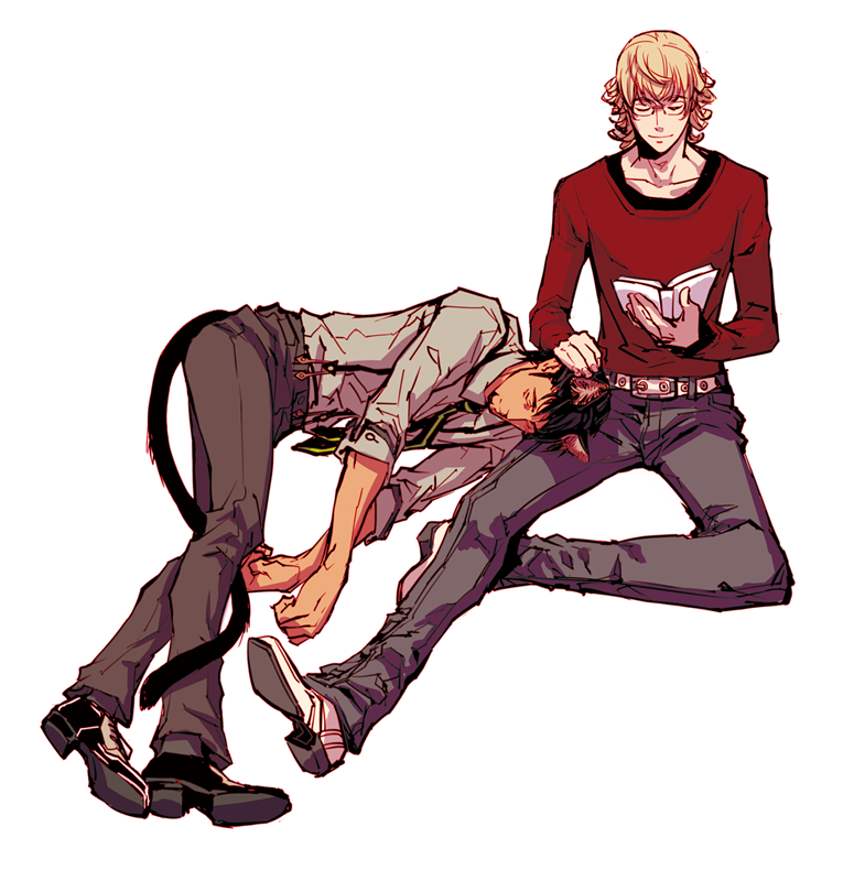 2boys animal_ears barnaby_brooks_jr. belt black_pants black_shirt blonde_hair book cat_ears cat_tail closed_eyes closed_mouth collarbone collared_shirt commentary_request glasses grey_shirt hand_on_another&#039;s_face holding holding_book kaburagi_t._kotetsu kemonomimi_mode layered_clothes layered_sleeves long_sleeves lying male_focus minamida multicolored_footwear multiple_boys necktie on_side open_book pants red_shirt rimless_eyewear shirt shirt_tucked_in simple_background sitting sleeve_cuffs sleeves_rolled_up striped_necktie suspenders tail tiger_&amp;_bunny wavy_hair white_background white_belt white_footwear wing_collar