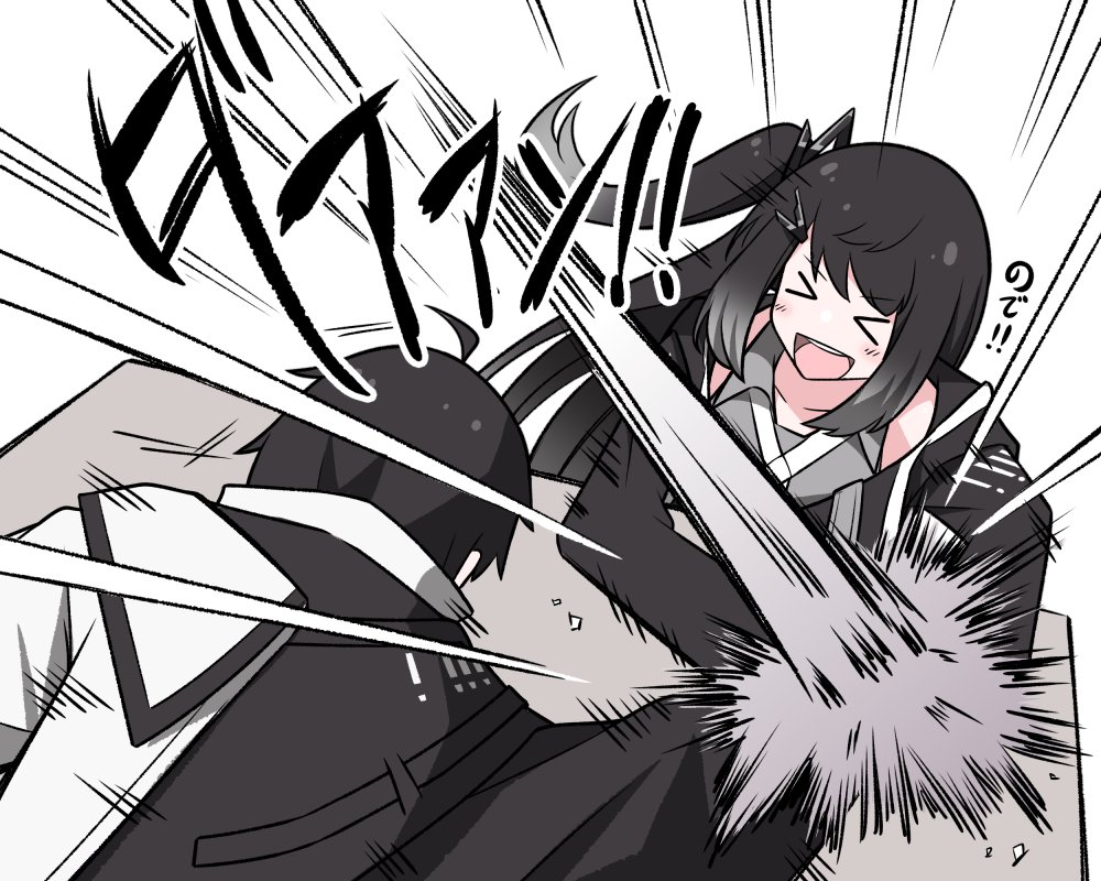 &gt;_&lt; 1boy 1girl 1koma ahoge akatuki_no_you arm_wrestling averuni_(coefont) black_coat black_hair blush brother_and_sister coat coefont collared_shirt comic commentary_request cross_tie emphasis_lines floating_hair gradient_hair grey_hair grey_shirt hair_ornament hairclip instant_loss long_hair millial_(coefont) motion_lines multicolored_coat multicolored_hair one_side_up open_mouth shirt short_hair siblings slam sleeveless sleeveless_shirt smile table translation_request two-tone_coat v-shaped_eyebrows white_background white_coat
