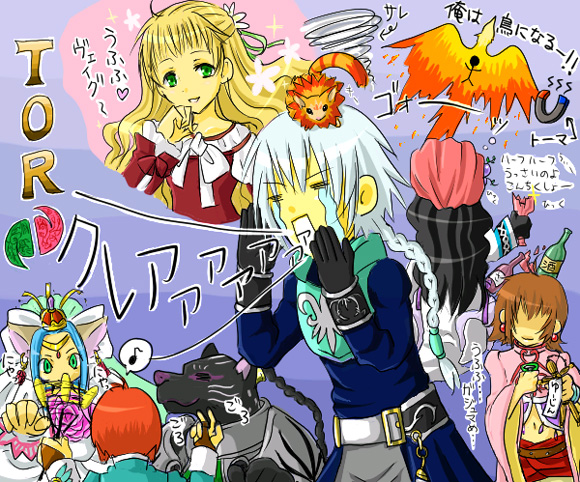3boys 4girls agarte_lindblum animal animal_ears animal_on_head annie_barrs aqua_eyes armor belt black_hair blonde_hair blue_hair bottle braid breasts brown_hair claire_bennett creature crown crying earrings eugene_gallardo faceless faceless_male fire flower gloves green_eyes hat hilda_rhambling jewelry long_hair magnet mao_(tales) midriff multiple_boys multiple_girls musical_note navel no_eyes on_head pants red_hair ribbon sad short_hair single_braid spoken_musical_note tales_of_(series) tales_of_rebirth tears text_focus translation_request tytree_crowe veigue_lungberg zapie