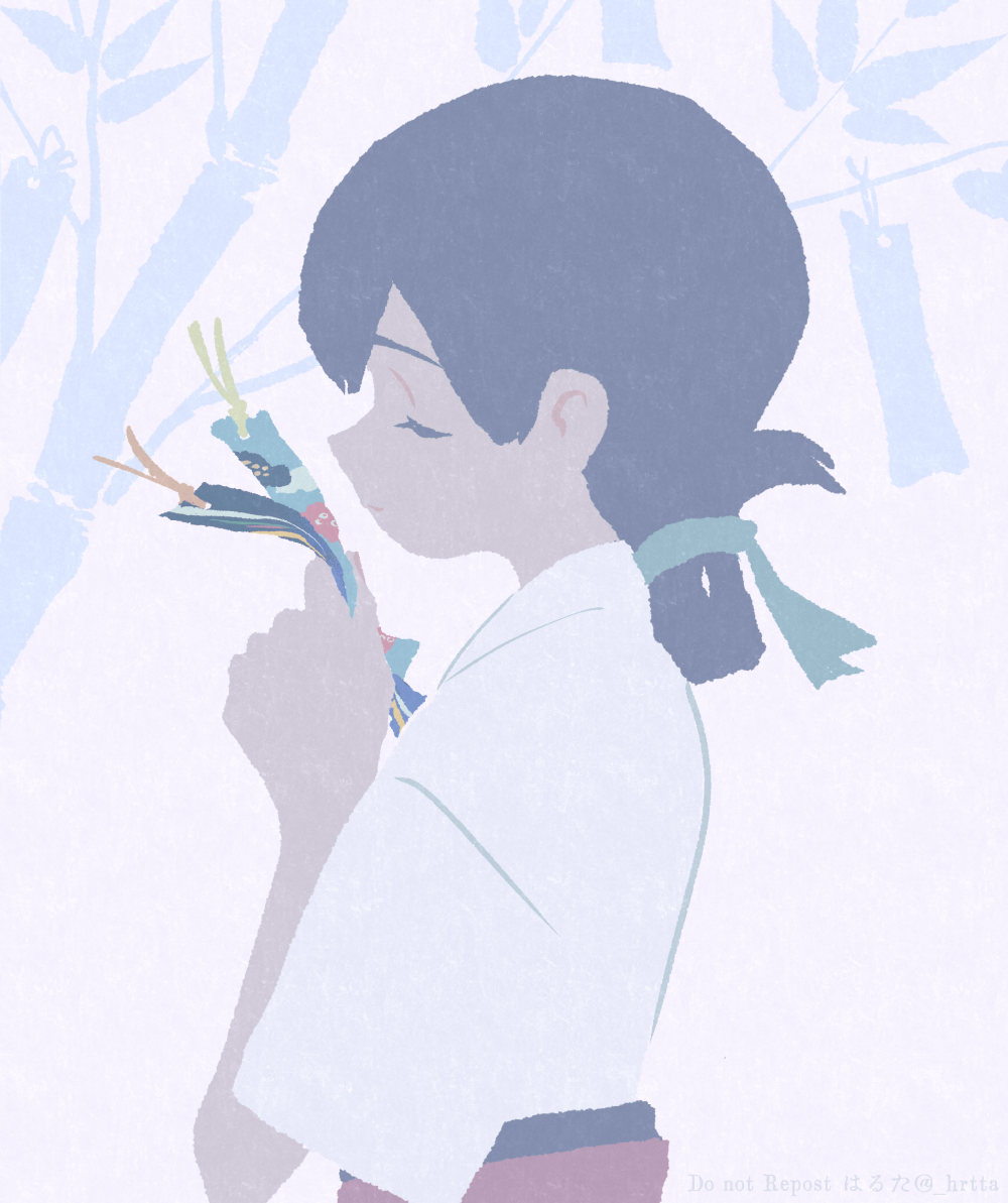 1girl bamboo black_hair blue_ribbon closed_eyes closed_mouth folded_ponytail from_side hair_ribbon haruta_(hrtco) holding holding_tanzaku japanese_clothes kantai_collection kasuga_maru_(kancolle) kimono leaf profile ribbon simple_background solo taiyou_(kancolle) tanabata tanzaku upper_body white_kimono