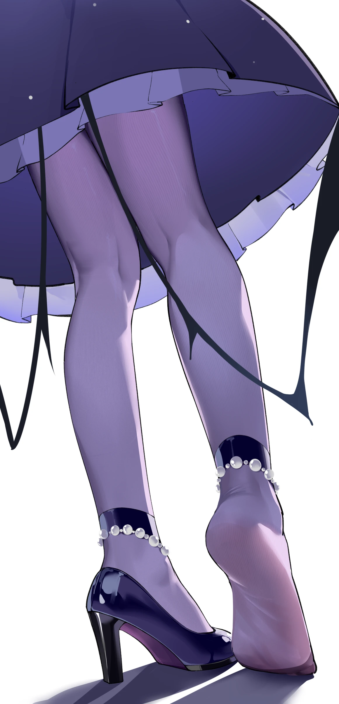 1girl absurdres blue_archive dress foot_focus frilled_dress frills from_behind high_heels highres hina_(blue_archive) hina_(dress)_(blue_archive) low_wings lower_body no_shoes painterliuhao pantyhose purple_dress purple_pantyhose purple_shoes shoes single_shoe solo standing_on_tiptoe wings