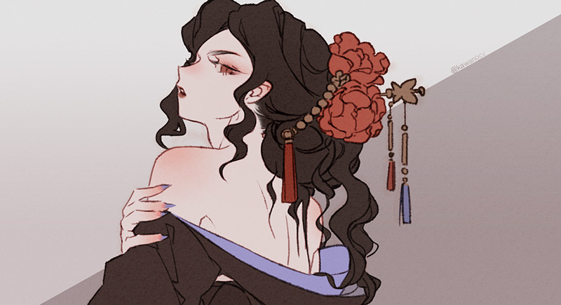1girl black_hair black_kimono fingernails flower hair_bun hair_flower hair_ornament japanese_clothes kawacy kibutsuji_muzan kibutsuji_muzan_(female) kimetsu_no_yaiba kimono red_eyes sharp_fingernails slit_pupils solo