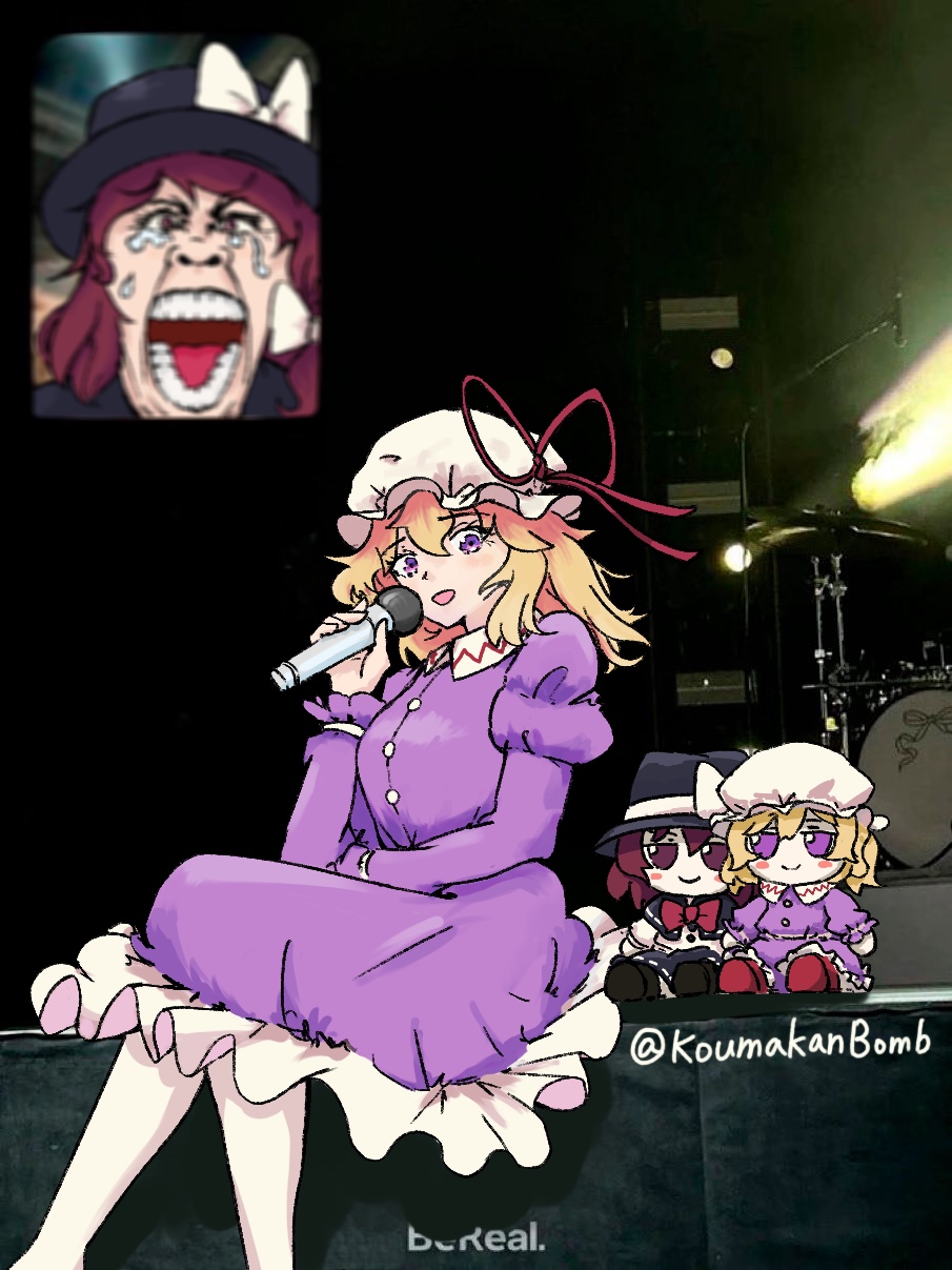 2girls black_capelet black_footwear black_hat blonde_hair bow bowtie brown_hair capelet character_doll closed_mouth crossed_legs dress fan_screaming_at_madison_beer_(meme) fedora frilled_dress frills fumo_(doll) hat hat_ribbon highres jitome juliet_sleeves koumakanbomb long_sleeves maribel_hearn meme mob_cap multiple_girls music pantyhose puffy_sleeves purple_dress red_bow red_bowtie red_footwear red_ribbon ribbon short_hair singing sitting smile touhou usami_renko white_hat white_pantyhose