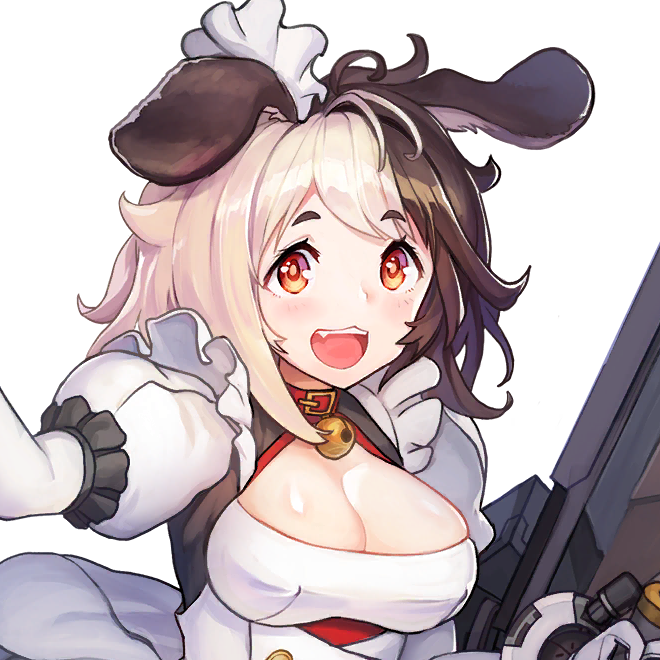 1girl animal_ears bell black_hair blush breast_cutout breasts cleavage cleavage_cutout clothing_cutout collar dog_ears dog_girl elbow_gloves fang female_focus game_cg gloves hachiko_(last_origin) hachiko_of_castling hair_tuft headdress holding holding_shield large_breasts last_origin long_hair looking_at_viewer maid maid_headdress multicolored_hair neck_bell official_art open_mouth orange_eyes paintale puffy_short_sleeves puffy_sleeves shield short_eyebrows short_sleeves skindentation smile split-color_hair transparent_background white_gloves white_hair