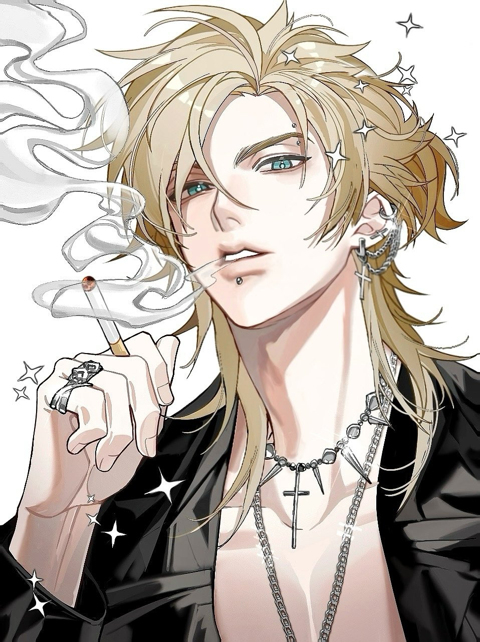 1boy black_jacket blonde_hair blue_eyes cigarette cross cross_necklace degrees_of_lewdity highres jacket jewelry lip_piercing looking_at_viewer necklace owhe6xinjl66160 piercing ring short_hair simple_background solo sparkle upper_body white_background whitney_(degrees_of_lewdity) whitney_(male)_(degrees_of_lewdity)