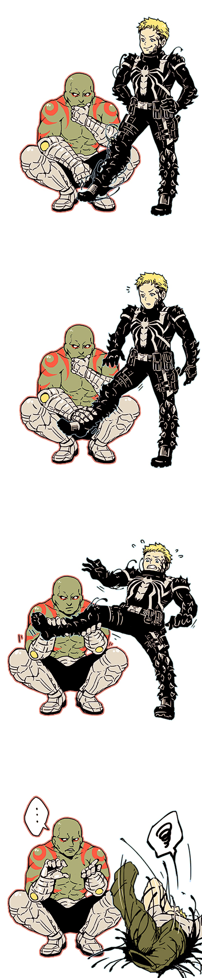 2boys amputee armor bad_id bad_pixiv_id bodysuit colored_skin drax_the_destroyer flash_thompson green_skin guardians_of_the_galaxy highres iduhara_jugo klyntar long_image male_focus marvel marvel_cinematic_universe multiple_boys pauldrons shoulder_armor shoulder_spikes skin_tight spikes symbiote tall_image venom_(marvel)