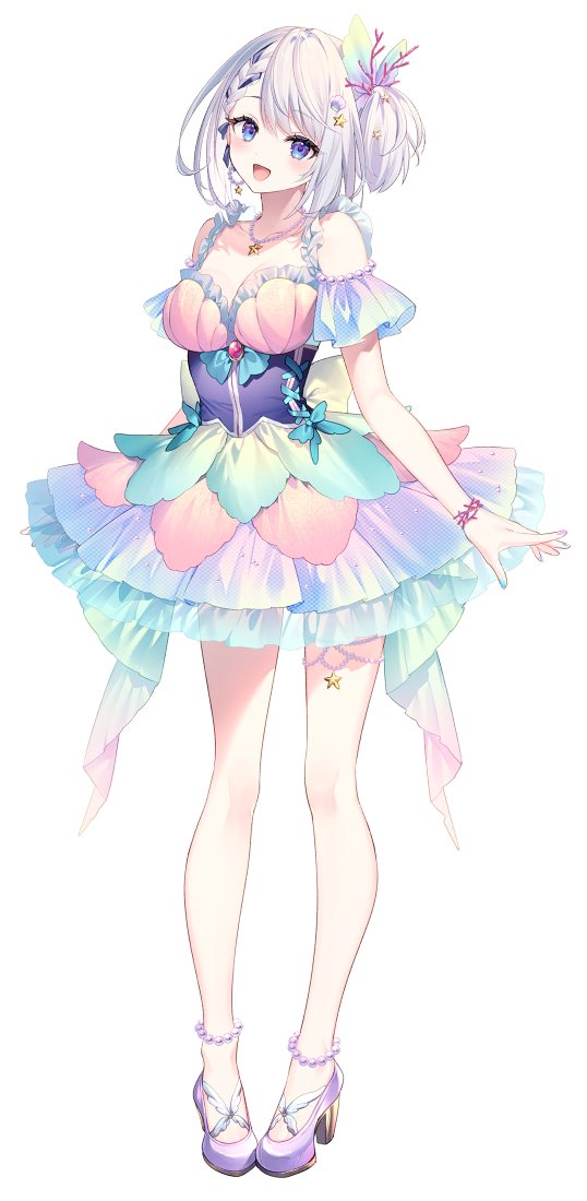 1girl anklet aqua_bow bead_anklet beads black_ribbon blue_corset blue_eyes bow braid breasts butterfly_hair_ornament collarbone corset dress frilled_dress frills full_body green_nails grey_hair hair_ornament hair_ribbon high_heels hikikomari_kyuuketsuki_no_monmon jewelry medium_breasts multicolored_dress multicolored_nails necklace official_art one_side_up open_mouth purple_footwear purple_nails red_brooch ribbon ribbon_braid riichu sakuna_memoire shell_hair_ornament solo star_(symbol) star_hair_ornament star_necklace
