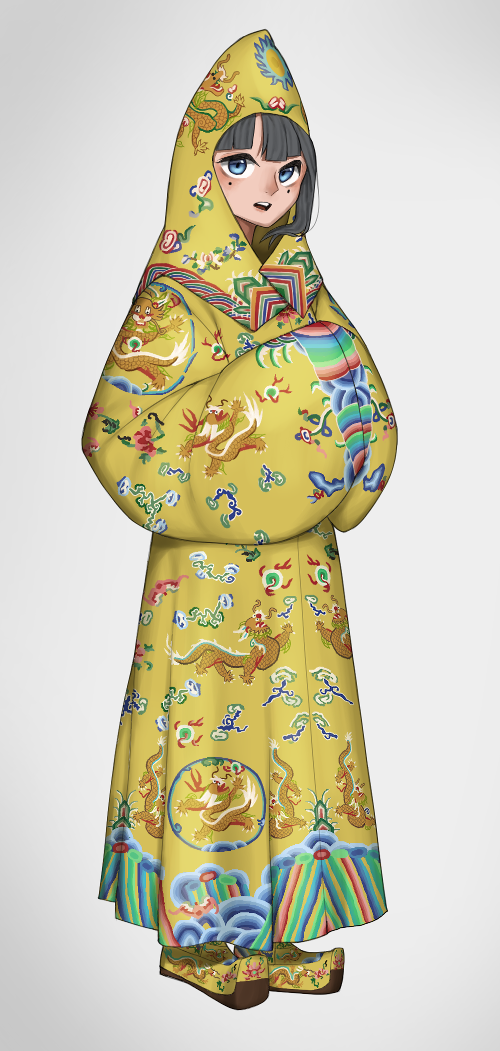 1girl blue_eyes chinese_clothes dragon_print grey_hair highres hooded_robe long_sleeves longpao mole mole_under_each_eye mole_under_eye multiple_moles original own_hands_together pzkpfwi qing_dynasty robe simple_background sleeves_past_fingers sleeves_past_wrists solo teeth upper_teeth_only wide_sleeves