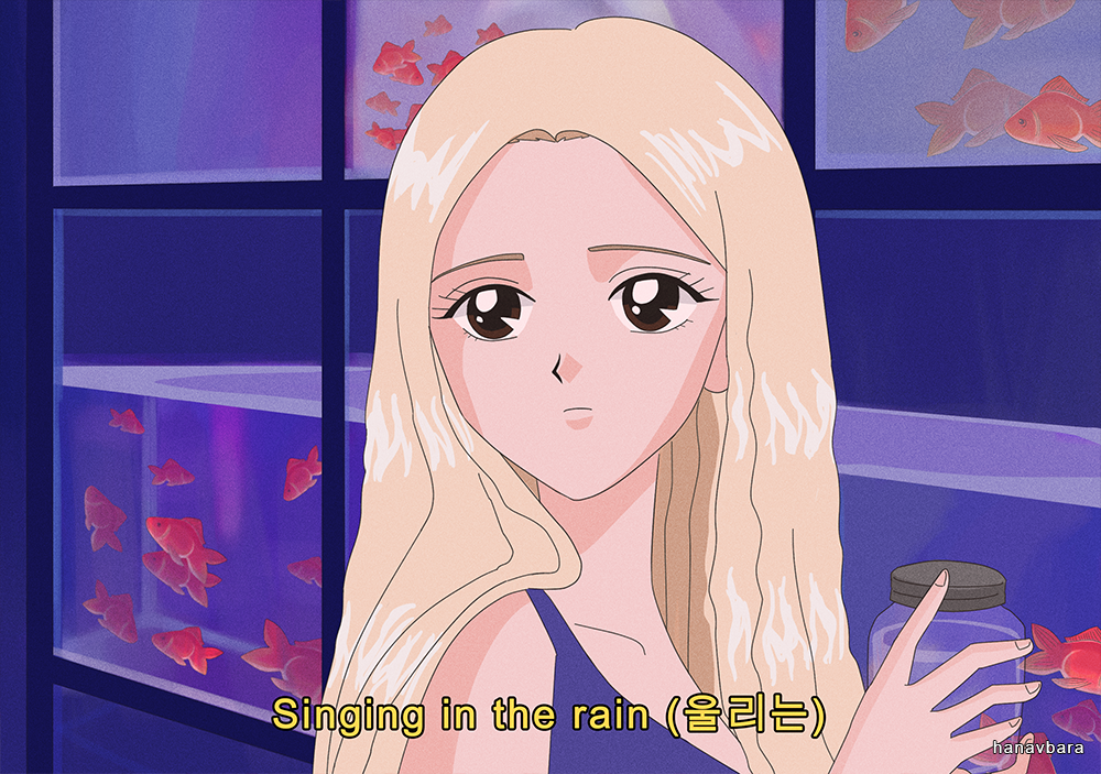 1girl aquarium artist_name blonde_hair brown_eyes closed_mouth commentary dress english_commentary english_text fish hanavbara holding jinsoul k-pop korean_text long_hair looking_up loona_(group) purple_dress real_life sleeveless sleeveless_dress solo upper_body