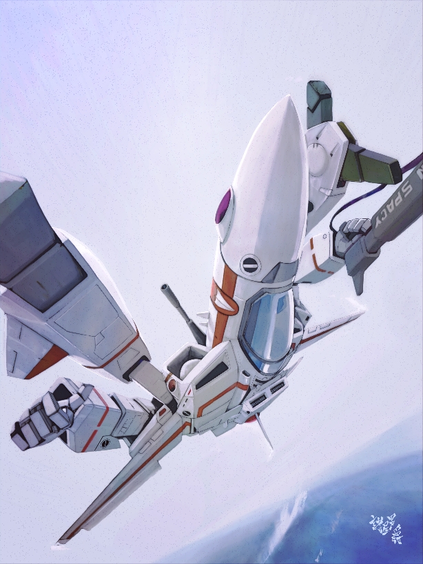 1980s_(style) canopy_(aircraft) choujikuu_yousai_macross commentary_request energy_cannon flying gerwalk gunpod machinery macross mecha mecha_focus moroboshi_danshaku no_humans oldschool retro_artstyle robot roundel science_fiction signature u.n._spacy upside-down vf-1 vf-1j