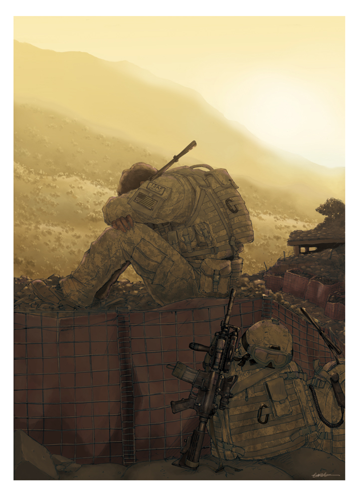 1boy afghanistan assault_rifle backpack bag bulletproof_vest camouflage goggles gun helmet humi_(jun-shu) hydration_pack jtf load_bearing_vest m4_carbine male_focus military military_combat_uniform military_uniform natonica original realistic rifle sitting soldier solo sopmod sunrise uniform united_states usarmy weapon