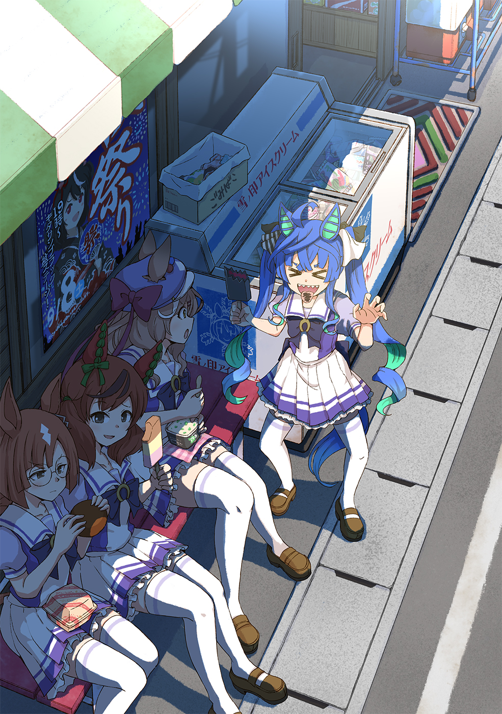 &gt;_&lt; 4girls :d :o ahoge animal_ears aqua_hair awning bench blue_hair bob_cut bow bowtie box brown_footwear newsboy_cap closed_eyes colored_tongue commentary_request crossed_bangs ear_covers ears_through_headwear food freezer glasses grey_eyes hair_bow hands_up hat highres holding holding_food holding_ice_cream holding_popsicle horse_ears horse_girl horse_tail ice_cream ice_cream_bar ikuno_dictus_(umamusume) kitasan_black_(umamusume) light_brown_hair long_hair looking_at_another mary_janes matikane_tannhauser_(umamusume) multicolored_hair multiple_girls nice_nature_(umamusume) on_bench open_mouth orange_hair outdoors petticoat pleated_skirt popsicle poster_(object) puffy_short_sleeves puffy_sleeves purple_shirt red_hair round_eyewear sailor_collar satomura_kyou school_uniform shadow sharp_teeth shirt shoes short_sleeves sidelocks sitting skirt smile standing storefront streaked_hair street_gutter striped_bow tail teeth thighhighs tongue tongue_out tracen_school_uniform twin_turbo_(umamusume) twintails two-tone_hair umamusume upper_teeth_only very_long_hair white_sailor_collar white_skirt white_thighhighs