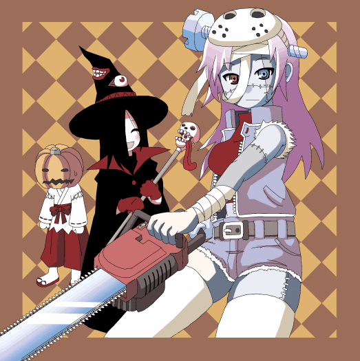3girls :d :| ^_^ argyle_background artist_request bandaged_arm bandaged_head bandages belt belt_buckle black_hair black_hat blue_eyes blue_shorts blue_vest bow breasts buckle chainsaw check_artist closed_eyes closed_mouth crop_top cutoffs futaba_channel gloves grey_belt hair_over_one_eye hakama hakama_pants halloween harai hat heterochromia hockey_mask holding holding_chainsaw holding_staff jack-o&#039;-lantern japanese_clothes kaitai_(nijiura_maids) kimono living_clothes long_hair looking_at_viewer mask mask_on_head medium_breasts miko mukai_keiichirou multiple_girls nijiura_maids object_through_head open_clothes open_mouth open_vest ozoi pants patchwork_skin pumpkin pumpkin_on_head purple_hair red_bow red_eyes red_gloves red_hakama red_sash red_shirt ribbon-trimmed_sleeves ribbon_trim sandals sash sash_bow screw_in_head shirt shorts skull smile staff standing stitched_arm stitched_face stitched_leg stitches tabi thighhighs third-party_source unzipped vest white_kimono white_thighhighs witch_hat zipper zombie zouri