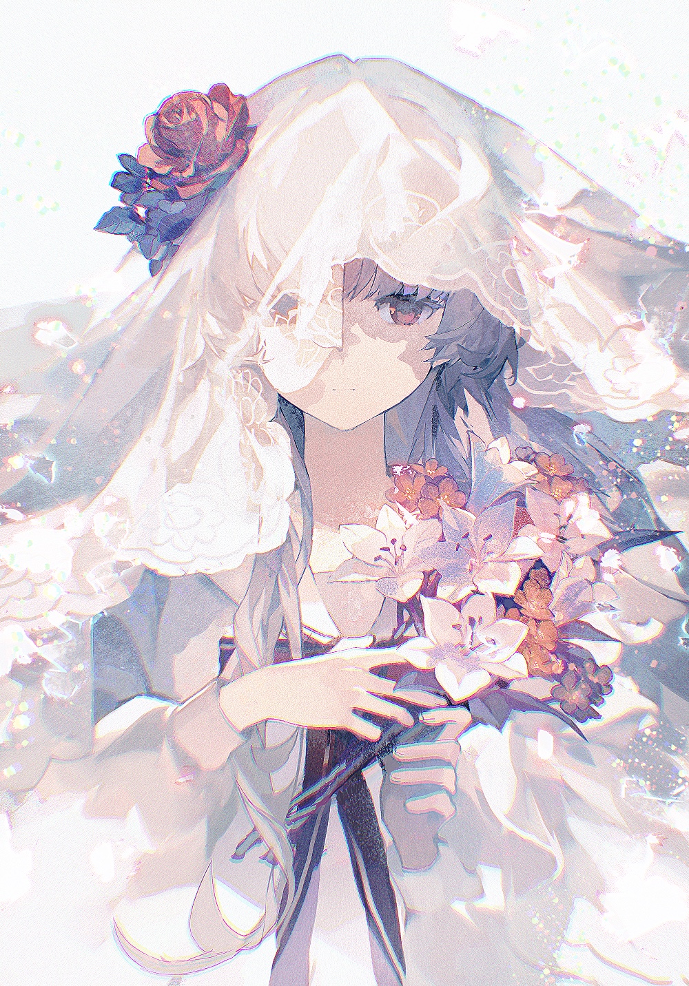1girl arcaea bouquet bow bridal_veil closed_mouth dress expressionless flower grey_hair hair_flower hair_ornament hair_over_shoulder highres hikari_(arcaea) holding holding_bouquet holding_flower lobelia_(saclia) long_hair long_sleeves looking_at_viewer puffy_long_sleeves puffy_sleeves red_eyes red_flower red_rose rose shirt simple_background solo straight-on upper_body veil white_background white_dress white_flower white_shirt
