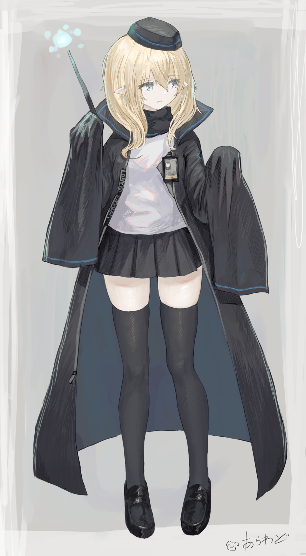 :&lt; arawado arknights artist_name black_coat black_footwear black_hat black_skirt black_thighhighs blonde_hair blue_eyes coat commentary_request durin_(arknights) expressionless full_body grey_background hair_between_eyes hat highres holding holding_wand id_card loafers long_hair long_sleeves looking_to_the_side magic pleated_skirt pointy_ears shirt shoes simple_background skirt sleeves_past_fingers sleeves_past_wrists thighhighs wand white_shirt