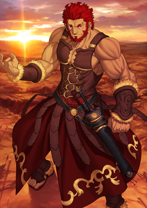 1boy arm_at_side armor bare_shoulders beard bracer breastplate clenched_hand closed_mouth cloud cloudy_sky diffraction_spikes facial_hair fate/grand_order fate_(series) full_beard fur-trimmed_bracer fur_trim hand_up iskandar_(fate) legs_apart looking_at_viewer male_focus mature_male muscular muscular_male no_shirt no_socks official_art outdoors pectoral_cleavage pectorals red_eyes red_facial_hair red_hair red_skirt sandals sheath sheathed short_hair skirt sky smile solo standing sun sunlight sword takeuchi_takashi third-party_source toes variant_set warm_colored weapon