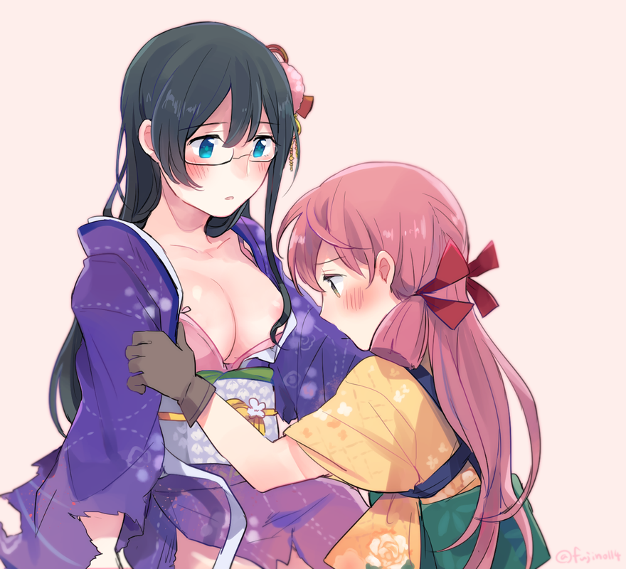 10s 2girls akashi_(kancolle) akashi_(new_year)_(kancolle) areola_slip black_hair blue_eyes blush breasts brown_gloves brown_hair cleavage commentary_request fuji_fujino glasses gloves hair_censor hair_ornament japanese_clothes kantai_collection kimono long_hair looking_at_another multiple_girls obi ooyodo_(kancolle) ooyodo_(new_year)_(kancolle) open_clothes open_kimono pink_hair sash semi-rimless_eyewear torn_clothes twitter_username under-rim_eyewear yuri