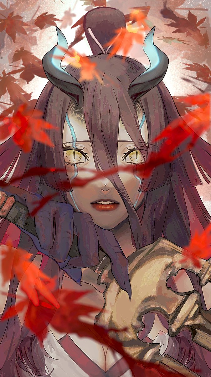 1girl autumn_leaves bakushi_(kaeritai0609) breasts brown_hair claws cleavage demon_girl facial_mark fate/grand_order fate/requiem fate_(series) fingernails highres holding holding_weapon horns kijo_kouyou_(fate) kijo_kouyou_(third_ascension)_(fate) leaf lips long_fingernails red_lips sharp_fingernails slit_pupils sword weapon yellow_eyes